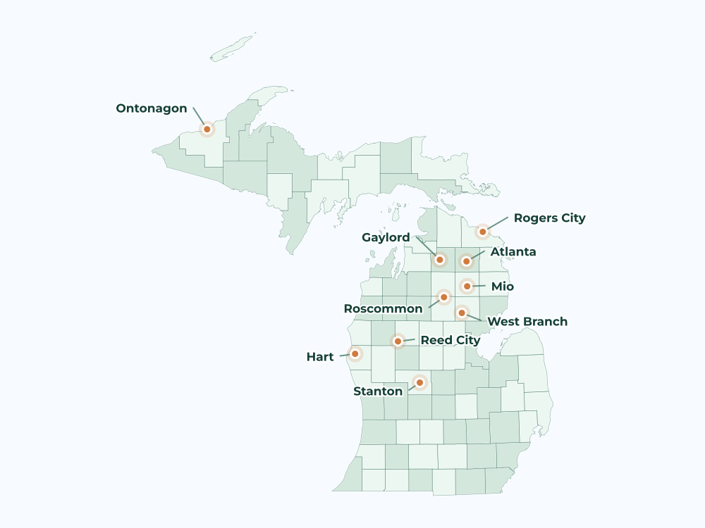 Accurate Michigan land service area map showing key city markers for Battle Creek, Jackson, Port Huron, Monroe, Midland, Bay City, Cadillac, and Alpena